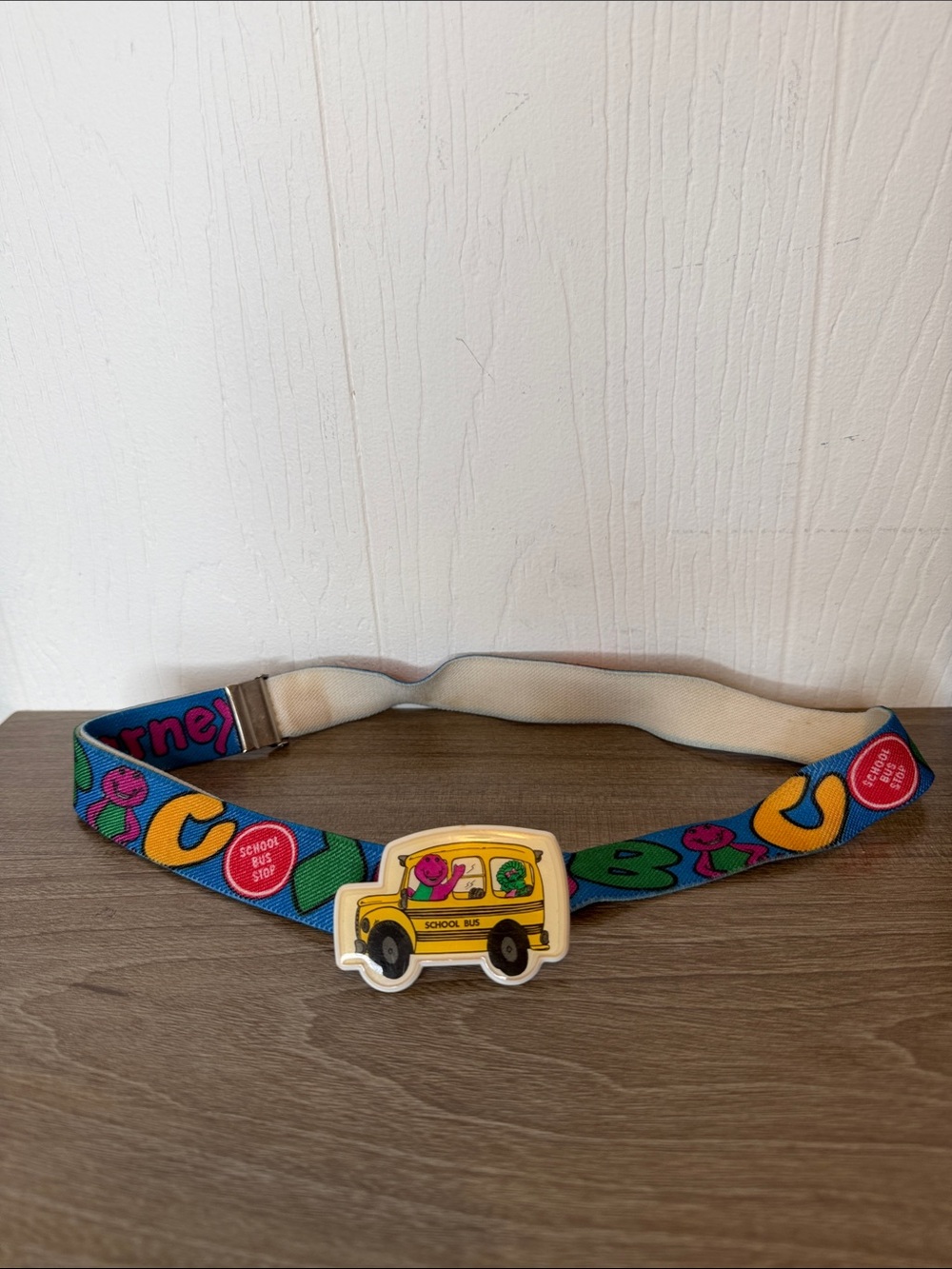 Kids Yellow School Bus Elastic Belt with Blue Patterned Strap